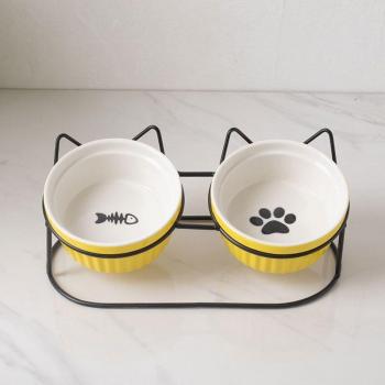 Ceramic Cat Feeding Bowl with Elevated Metal Stand