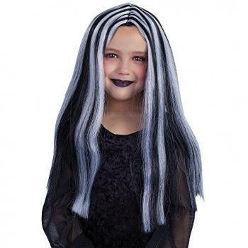 Peluca de Halloween para niña brujita con mechas blancas