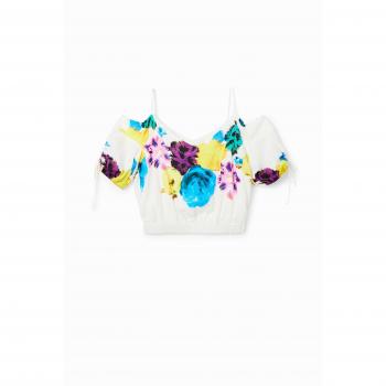 Desigual Damen Kurzarmshirt mit Raffung und Blumen