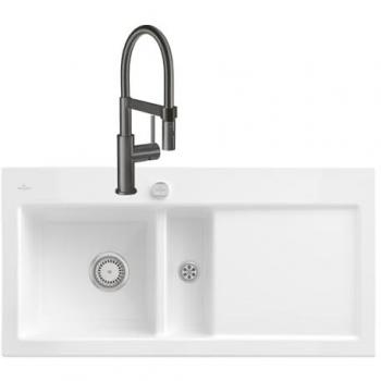 Evier VILLEROY ET BOCH Subway Pure 60 – Égouttoir Droite, Vidage Auto + Robinet Steel Expert Compact Anthracite Blanc