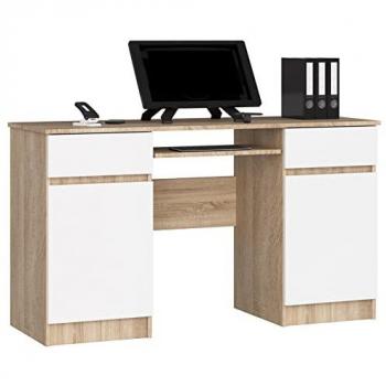Scrivania per Computer AKORD A5 con 2 Ante e 2 Cassetti, Rovere Sonoma e Bianco, Dimensioni 135x50x77 cm