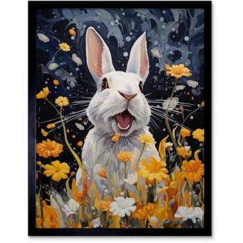 Nocturnal Bunny & Sunflower Whimsy: 12x16 Kids’ Bedroom Print