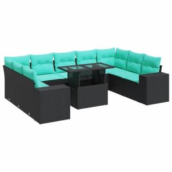 VidaXL 10-Piece Backyard Sofa Ensemble with Cushions – Black Poly Rattan Acacia