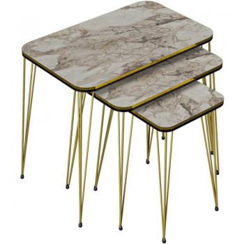 Mesa Auxiliar Nido Rectangular 3 Piezas – Mármol Oro Blanco