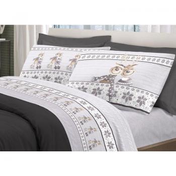 Completo Lenzuola Flanella 100% Cotone Renna Grigio Piazza e Mezza