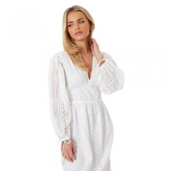 Anglaise White Cotton Midi Dress with Tie Front & Puff Sleeves
