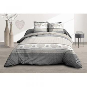 Couvre-lit 240x260 avec 2 taies, coton pur 57 fils, motif cœur gris – Le Linge De Jules