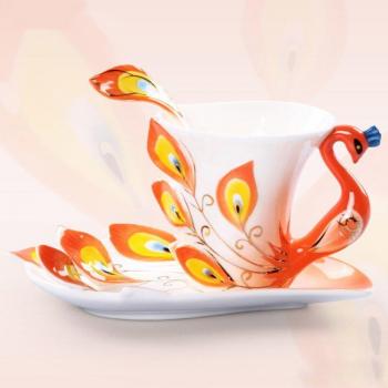 Decorative Peacock Enamel Mug with Plate