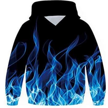 Felpa a Cappuccio Blu Con Immagine Fuoco 3D