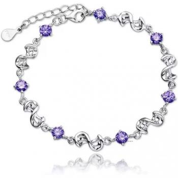 Zilveren Armband S925 met Retro Bruiloft Ontwerp, Wit en Paars, Kubieke Zirkonia, Lengte 17CM + 4CM