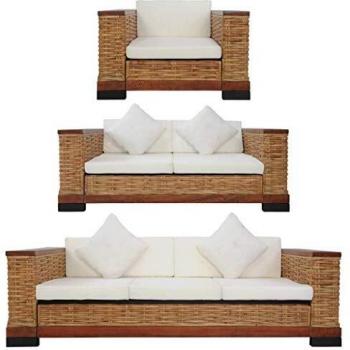 3-Piece Sofa Set with Cushions in Brown Natural Rattan