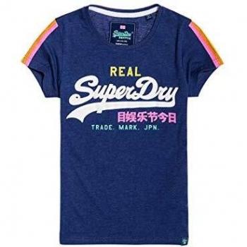 Superdry Damen V-Logo Sleeve Stripe Entry T-Shirt, Blau