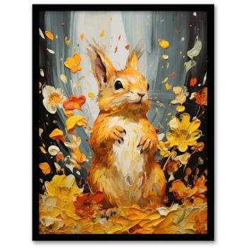 Scarlet Squirrel & Amber Leaves Oil Painting