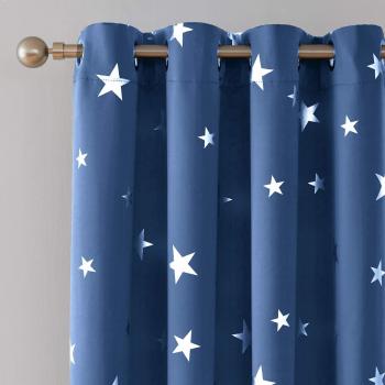 Deconovo Lot de 2 Rideaux Occultants Bleu Grands Étoiles Imprimés Argent à Oeillets Isolant Thermique 140x240cm