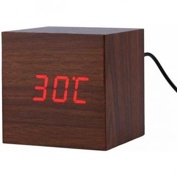 Wooden LED Clock with Alarm and Temperature Function