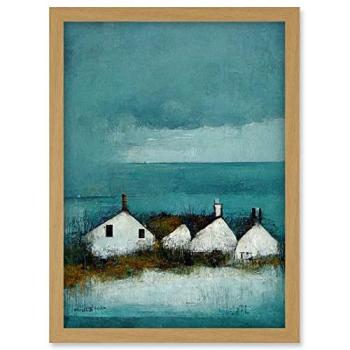 Teal Coastline: Scottish White Cottage Scene, A4 Wall Decor