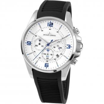 JACQUES LEMANS Herrenzeitmesser Liverpool – Massiv-Edelstahl Chronograph, Silikonarmband, 1‑1799B