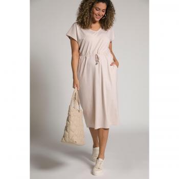 Abito midi oversize in cotone a righe con scollo a V, Donna, Beige, Taglia: 64/66