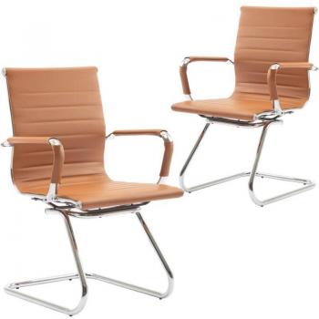 Konferenzstühle WAHSON – 2‑er PU‑Leder-Freischwinger mit Chromgestell, Braun