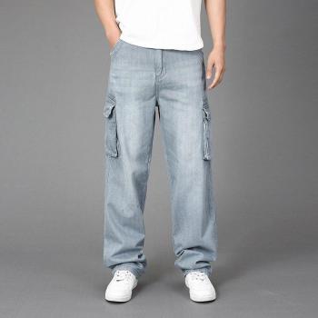 Pantalones de denim para hombre, talla grande, estilo holgado, múltiples bolsillos