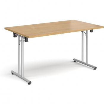 Oak rectangular folding table with silver legs, straight foot rails, dimensions 1400mm x 800mm