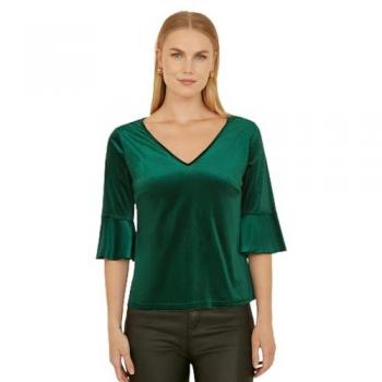 Yumi T-shirt Velours 40 Vert, Manches Canélées, Coupe Détendue