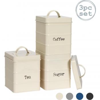 Vintage White Metal Kitchen Canisters for Tea, Coffee, Sugar