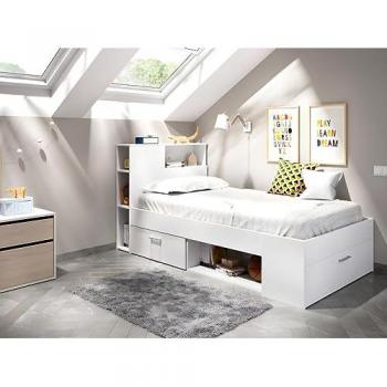 Cama blanca con cabecero y compartimentos