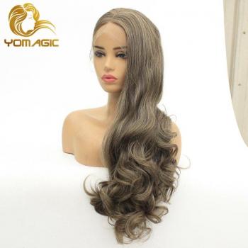 Yomagic Peluca Sintética con Encaje Frontal, Color Marrón, Largo Ondulado Natural, Sin Adhesivo, Minimechones