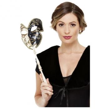 Venezianische Maske mit Handstock in Schwarz und Creme