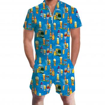 Adicreat Herren Kurzärmliger Sommer-Overall in Blau – Hawaii‑Shorts