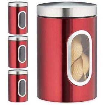 Red BrewBox Collection – 4×1.4 L Canisters for Coffee & Snacks, Metal Jar Set