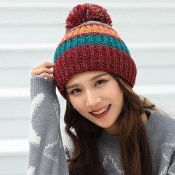 Warm Wool Skull Cap with Pompoms