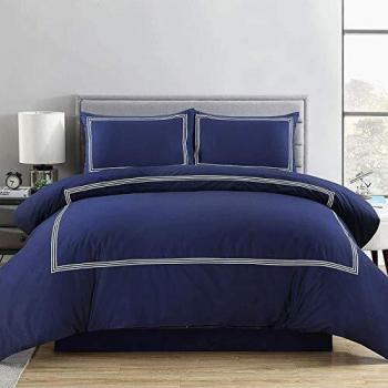 My Home Store Duvet Cover Hotel Quality 200TC Bedding Set Duvet Sets Soft Breathable 100% Poly Cotton Quilt Cover with Pillowcases (Bratta Stitch Navy Blue, Super King)
