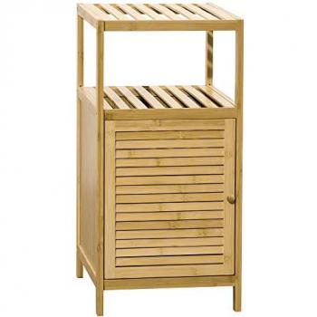 Meuble de rangement bas en bambou verni pour salle de bain avec 1 porte et 2 étagères