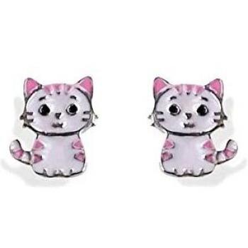 Pendientes de plata Ley 925m niña 6mm con gato esmaltado tornillo