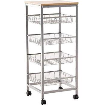 Chariot de cuisine à roulettes 4 tiroirs acier MDF chêne clair