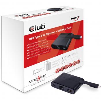 CLUB3D Mini Dock USB Tipo-C a Ethernet + USB 3.0 + Carga USB Tipo-C