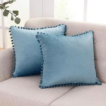Deconovo Throw Pillowcases for Sofas and Chairs, 16x16 Inches Square, with Pompom Detail, Invisible Zipper Closure, 40cm x 40cm, Slate Blue