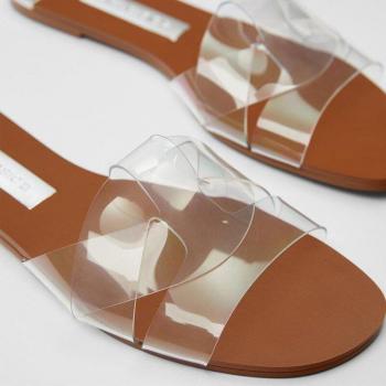 Ladies Brown Transparent Cross Strap Flat Slippers