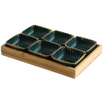 Eco‑Green Retro Ceramic Food Platter with Bamboo Holder