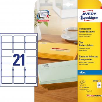Avery Self Adhesive Address Mailing Labels, Inkjet Printers, 21 per A4 Sheet, 525 Labels, QuickDRY (J8560)
