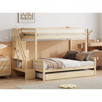 Natura Duo Lit Enfant 90-140 × 200 cm + Gigogne 90 × 190 cm – Bois Naturel, Escalier Fonctionnel