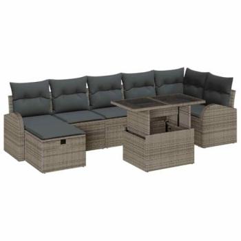 Sofa d’extérieur grisé en rotin poly, 8 composants, coussin inclus