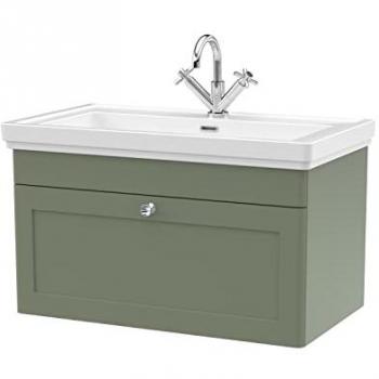 Classique Satin Green Wall Mounted Vanity Unit with 1 Drawer and Basin