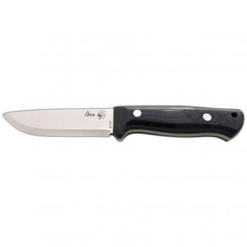 Cuchillo de Campamento IBEX Bushcraft J&V, Mango TRF Negro, Hoja 11.5 cm – Funda Negra de Piel para Pesca y Aventura
