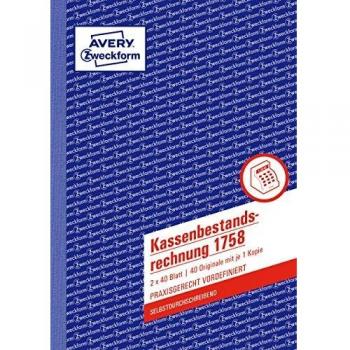Avery Zweckform Formularbuch `Kassenbericht/Bestand`, A5
