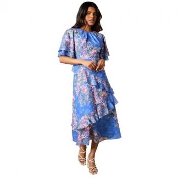 Satin Double Frill Burnout Midi Dress in Navy for Petite Women