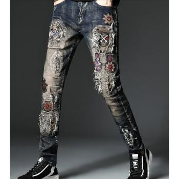 Men's Vintage Blue Ripped Slim Fit Denim Biker Jeans with Embroidery