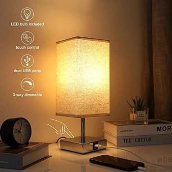 Lampe de Bureau avec 2 Ports USB et Abat-jour en Lin
